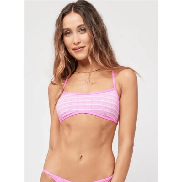 L*Space Pamela Bikini Top in Electric Pique Stripe Pink Size Small Racerback NWT - Picture 1 of 7
